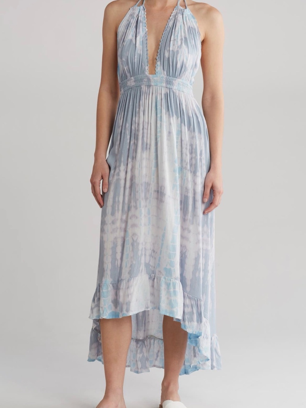 Light Blue Tie-Dye Halter Maxi Dress